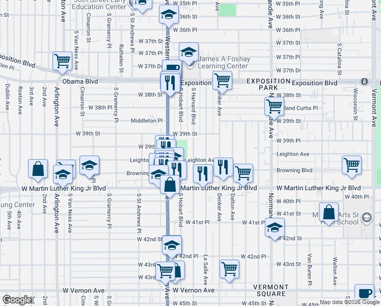map of restaurants, bars, coffee shops, grocery stores, and more near 3914 South Harvard Boulevard in Los Angeles