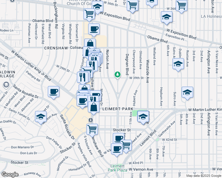 map of restaurants, bars, coffee shops, grocery stores, and more near 3926 South Norton Avenue in Los Angeles