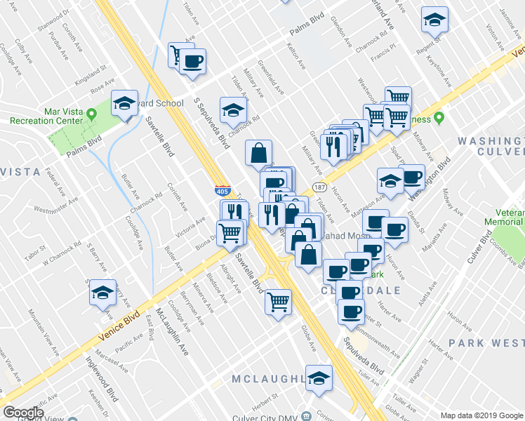 map of restaurants, bars, coffee shops, grocery stores, and more near 3747 Dufresne Court in Los Angeles