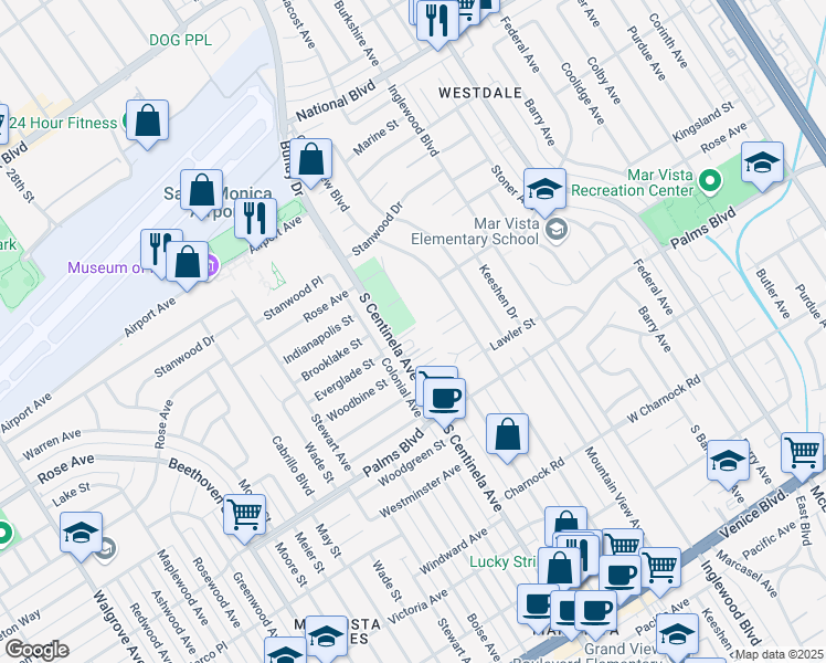 map of restaurants, bars, coffee shops, grocery stores, and more near 3384 South Centinela Avenue in Los Angeles