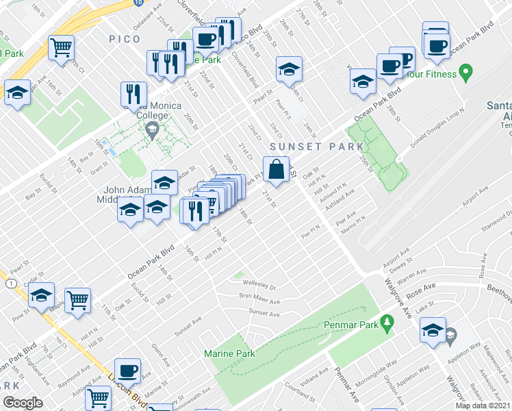 map of restaurants, bars, coffee shops, grocery stores, and more near 2020 Ocean Park Boulevard in Santa Monica