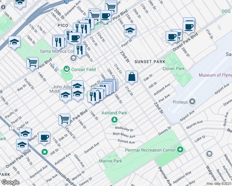 map of restaurants, bars, coffee shops, grocery stores, and more near 2516 18th Court in Santa Monica
