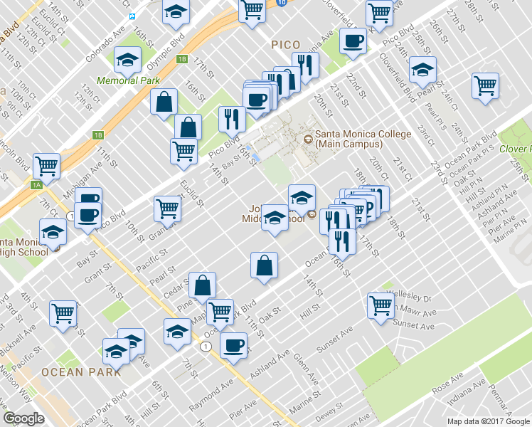 map of restaurants, bars, coffee shops, grocery stores, and more near 1417 Pearl Street in Santa Monica