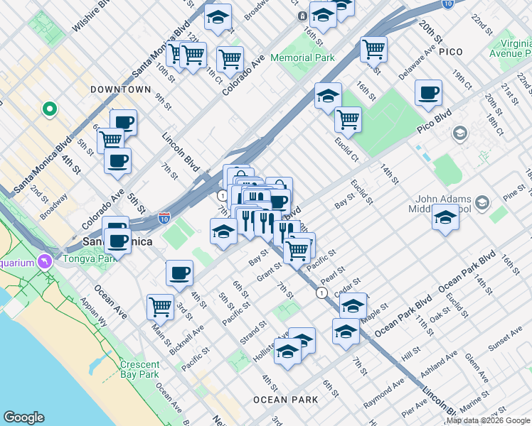 map of restaurants, bars, coffee shops, grocery stores, and more near 1854 10th Street in Santa Monica