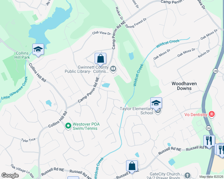 map of restaurants, bars, coffee shops, grocery stores, and more near 425 Chandler Pond Drive Northeast in Lawrenceville