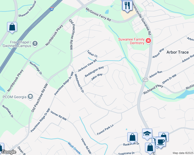 map of restaurants, bars, coffee shops, grocery stores, and more near 2435 Jakin Way in Suwanee