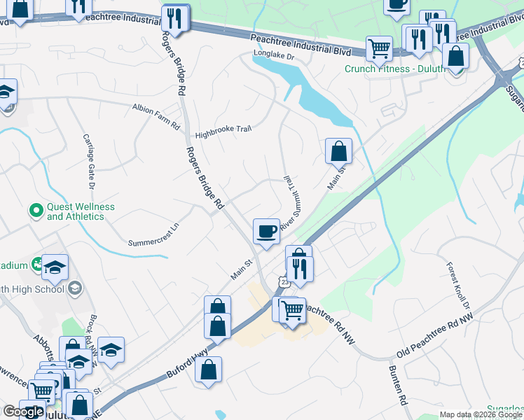 map of restaurants, bars, coffee shops, grocery stores, and more near 2639 Timberbrooke Way in Duluth