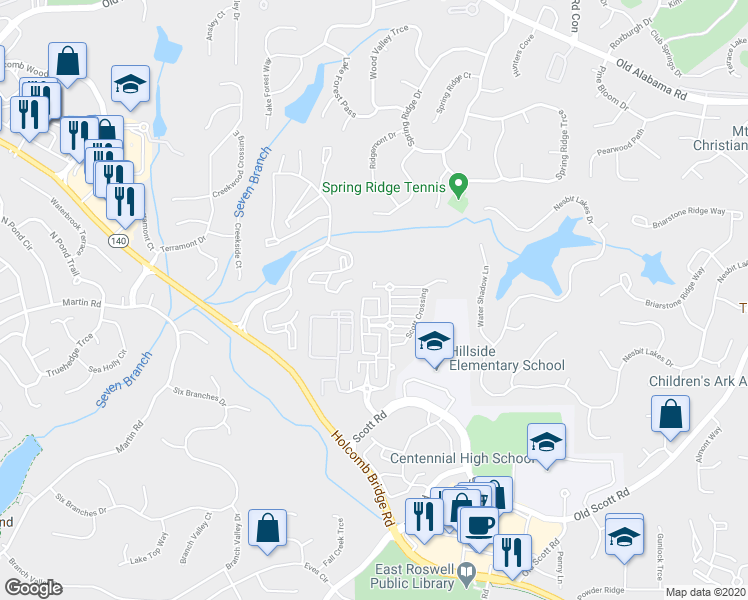 map of restaurants, bars, coffee shops, grocery stores, and more near 168 West Ridge Way in Roswell