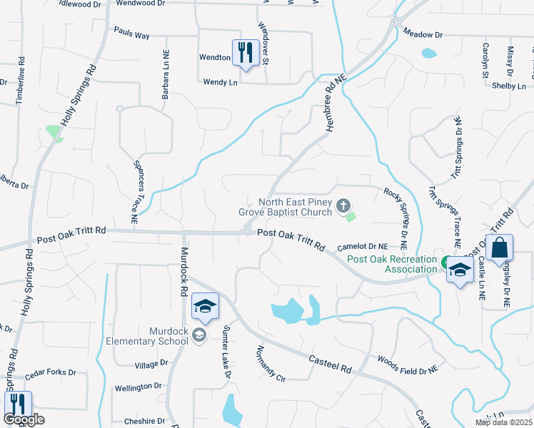 map of restaurants, bars, coffee shops, grocery stores, and more near 3279 Robinson Oaks Way Northeast in Marietta