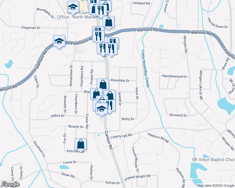 map of restaurants, bars, coffee shops, grocery stores, and more near 2568 Canton Road in Marietta