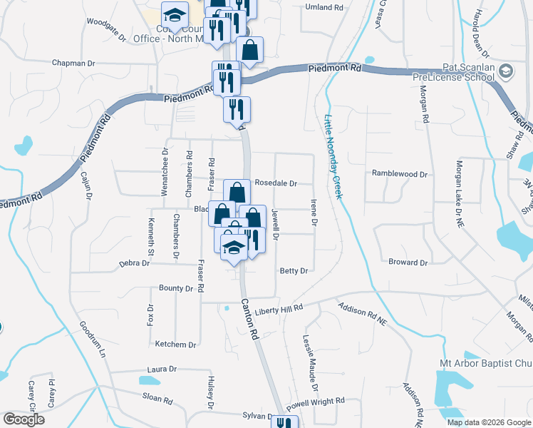 map of restaurants, bars, coffee shops, grocery stores, and more near 2568 Canton Road in Marietta