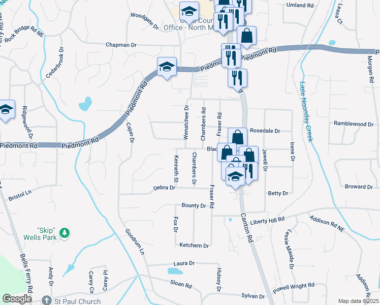 map of restaurants, bars, coffee shops, grocery stores, and more near 2537 Chambers Drive in Marietta