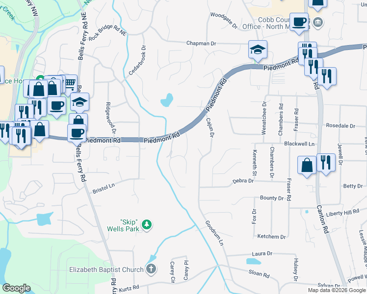 map of restaurants, bars, coffee shops, grocery stores, and more near 2509 Retreat Drive Northeast in Marietta