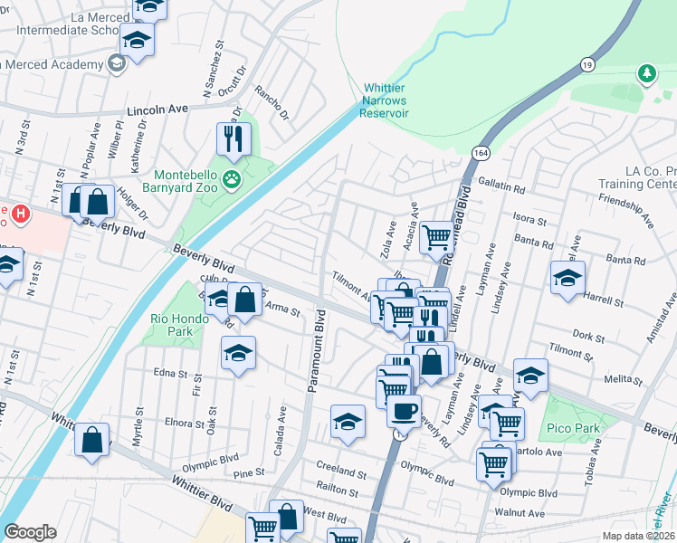 map of restaurants, bars, coffee shops, grocery stores, and more near 8736 Ibsen Street in Pico Rivera