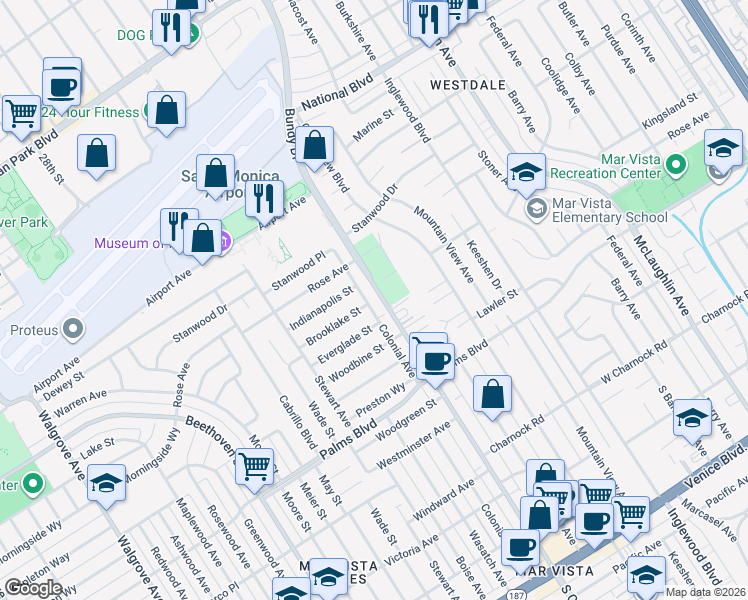 map of restaurants, bars, coffee shops, grocery stores, and more near 3326 Colonial Avenue in Los Angeles