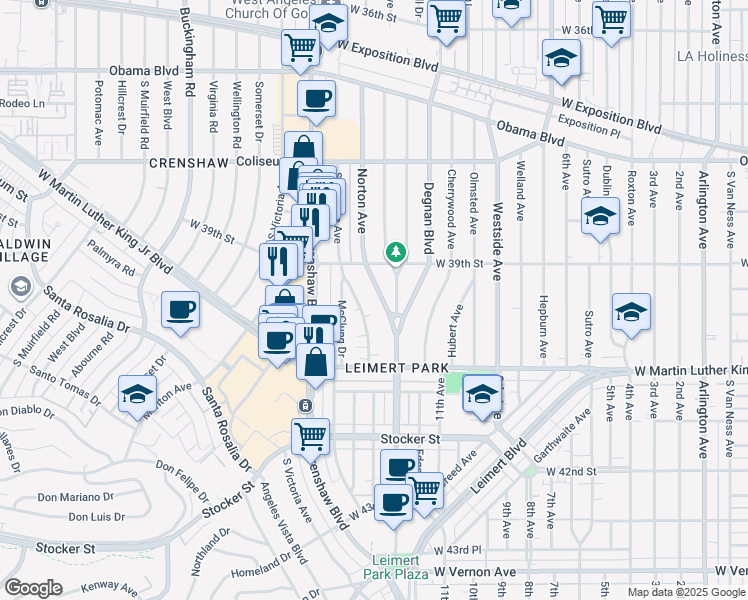 map of restaurants, bars, coffee shops, grocery stores, and more near 3926 South Norton Avenue in Los Angeles