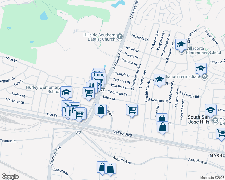 map of restaurants, bars, coffee shops, grocery stores, and more near 17437 East Northam Street in La Puente