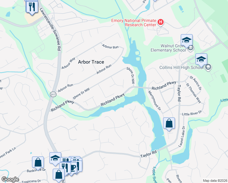 map of restaurants, bars, coffee shops, grocery stores, and more near 344 Bayshore Court Northwest in Suwanee