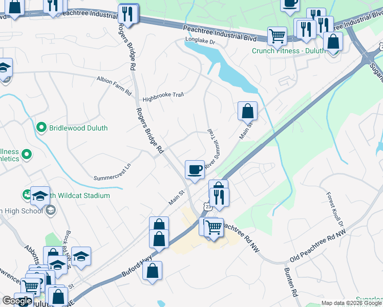 map of restaurants, bars, coffee shops, grocery stores, and more near 2654 Timberbrooke Way in Duluth