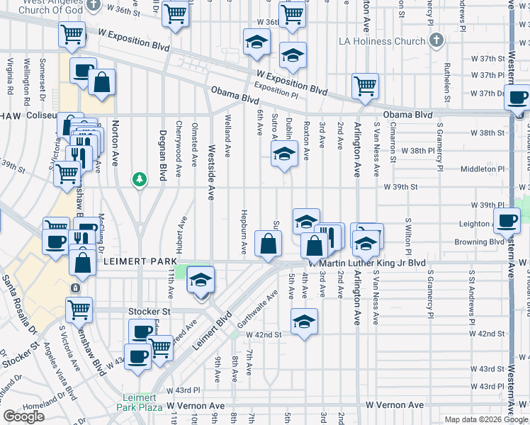 map of restaurants, bars, coffee shops, grocery stores, and more near 3932 6th Avenue in Los Angeles