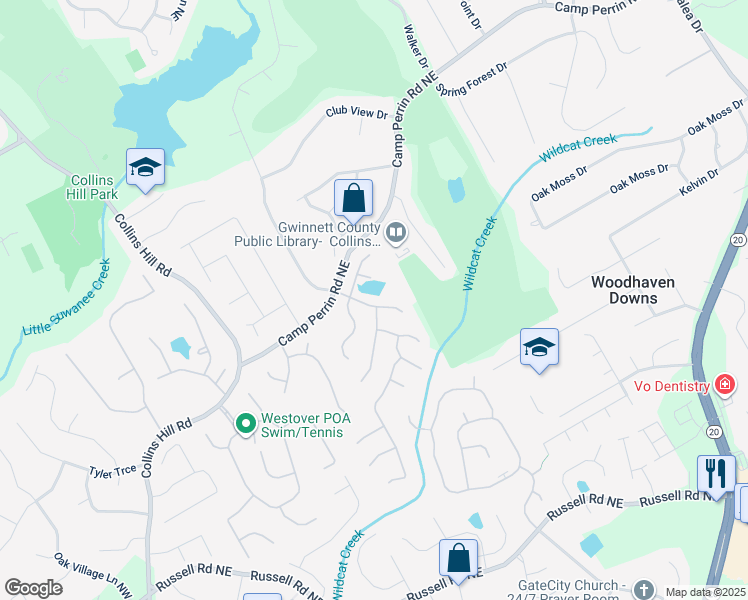map of restaurants, bars, coffee shops, grocery stores, and more near 1887 Lake Ridge Terrace in Lawrenceville