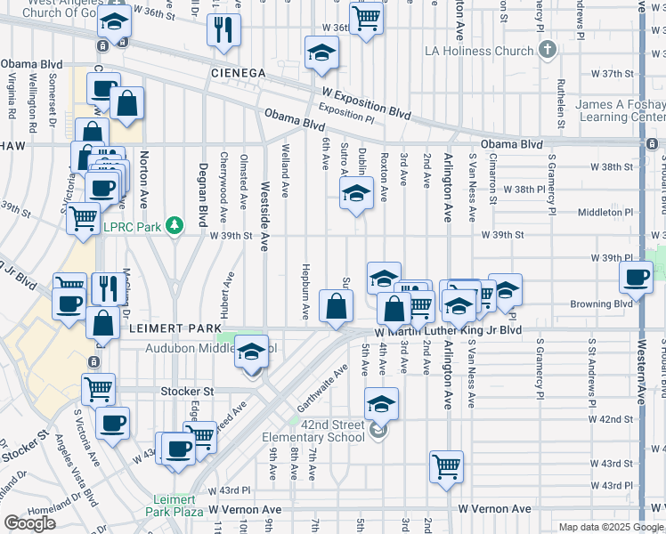 map of restaurants, bars, coffee shops, grocery stores, and more near 3932 6th Avenue in Los Angeles