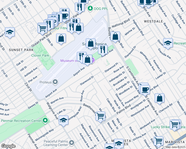 map of restaurants, bars, coffee shops, grocery stores, and more near 12673 Dewey Street in Los Angeles