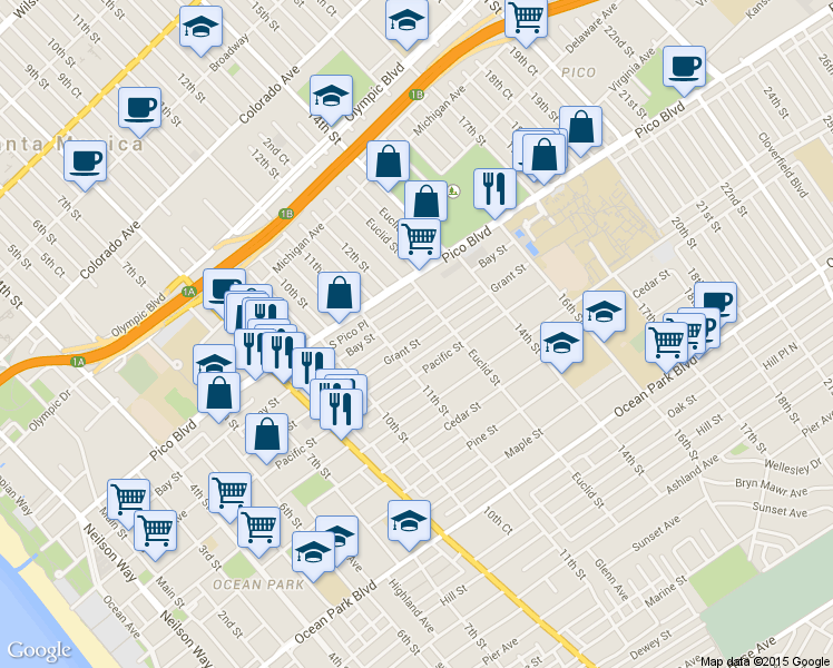map of restaurants, bars, coffee shops, grocery stores, and more near 1127 Grant Street in Santa Monica