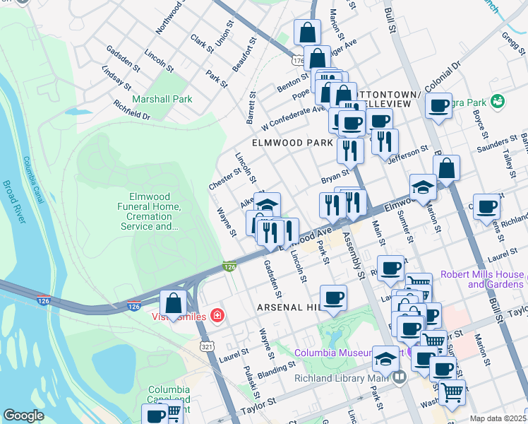 map of restaurants, bars, coffee shops, grocery stores, and more near 2222 Lincoln Street in Columbia