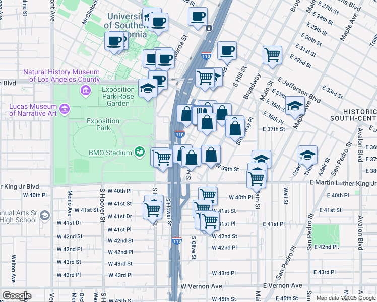 map of restaurants, bars, coffee shops, grocery stores, and more near 354 1/2 West 39th Street in Los Angeles