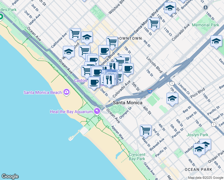 map of restaurants, bars, coffee shops, grocery stores, and more near 395 Santa Monica Place in Santa Monica