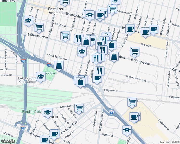 map of restaurants, bars, coffee shops, grocery stores, and more near 1335 South Woods Place in East Los Angeles