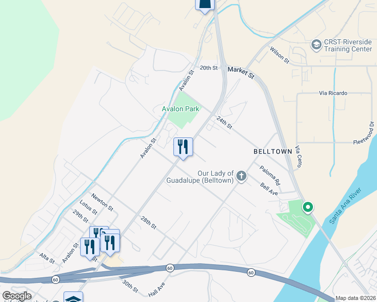 map of restaurants, bars, coffee shops, grocery stores, and more near 2550 Rubidoux Boulevard in Riverside