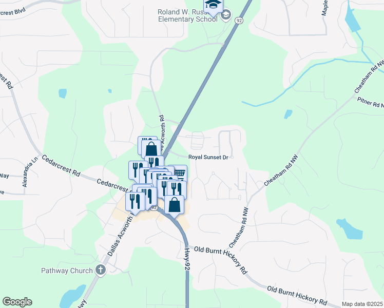 map of restaurants, bars, coffee shops, grocery stores, and more near 121 Royal Sunset Drive in Dallas
