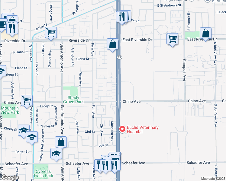 map of restaurants, bars, coffee shops, grocery stores, and more near 13213 Copra Avenue in Chino