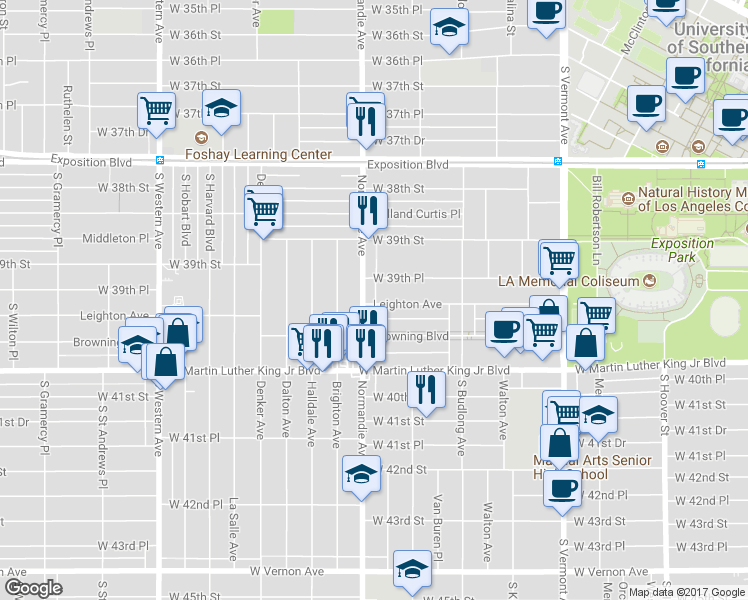 map of restaurants, bars, coffee shops, grocery stores, and more near 1281 Leighton Avenue in Los Angeles
