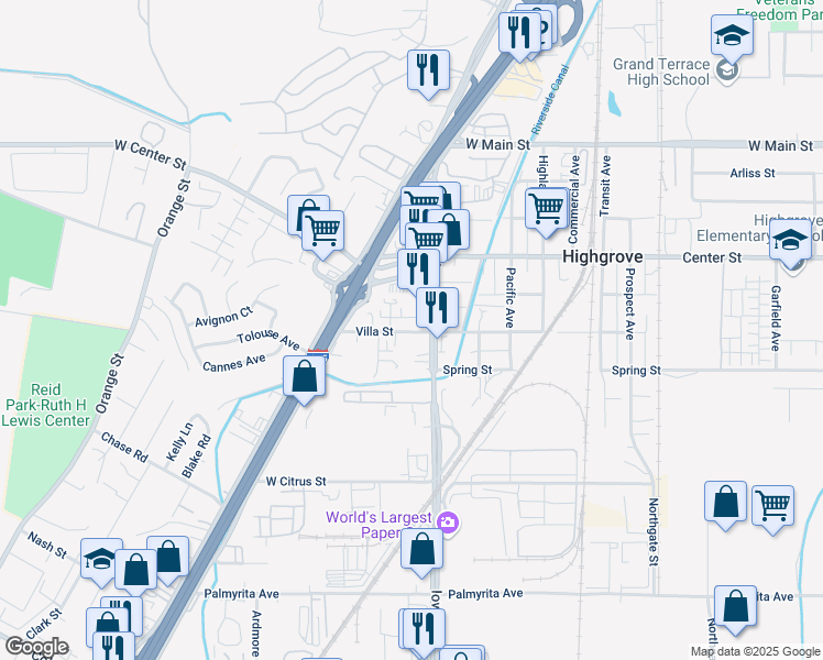 map of restaurants, bars, coffee shops, grocery stores, and more near 1333 Villa Street in Riverside