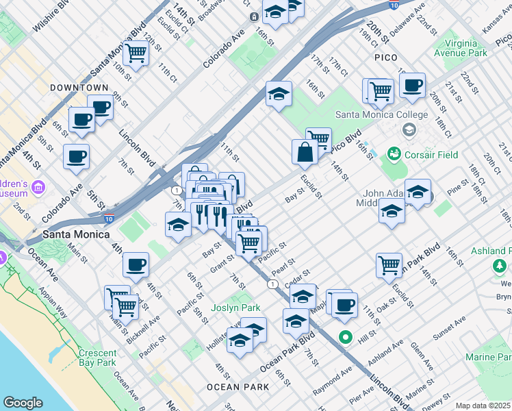 map of restaurants, bars, coffee shops, grocery stores, and more near 1013 Pico Boulevard in Santa Monica