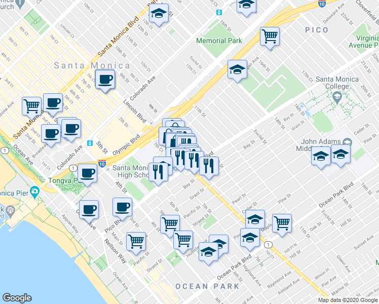 map of restaurants, bars, coffee shops, grocery stores, and more near 1820 9th Street in Santa Monica