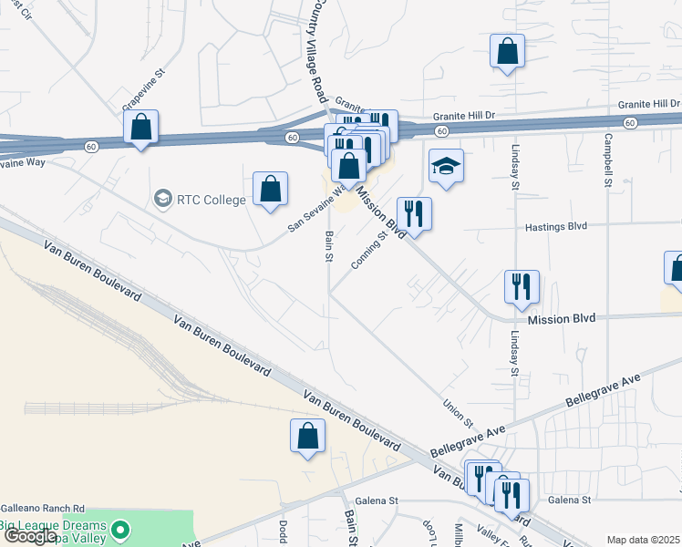 map of restaurants, bars, coffee shops, grocery stores, and more near 4345 Conning Street in Riverside
