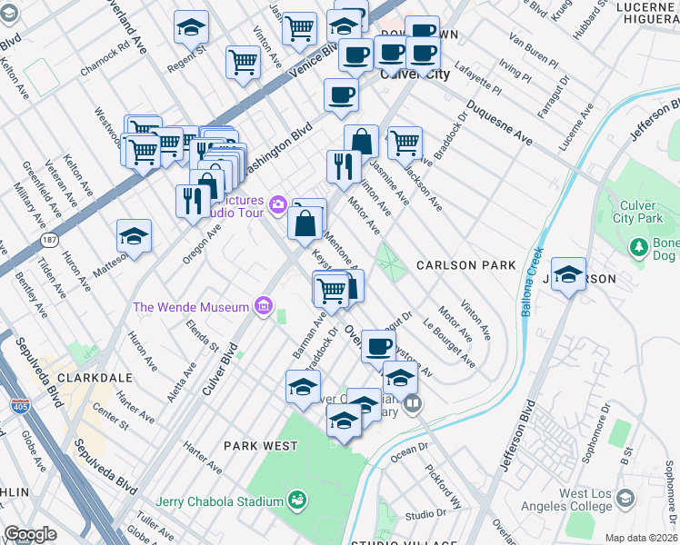 map of restaurants, bars, coffee shops, grocery stores, and more near 4160 Keystone Avenue in Culver City