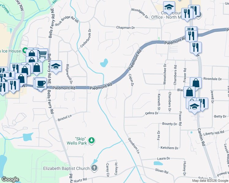 map of restaurants, bars, coffee shops, grocery stores, and more near 2509 Retreat Drive Northeast in Marietta