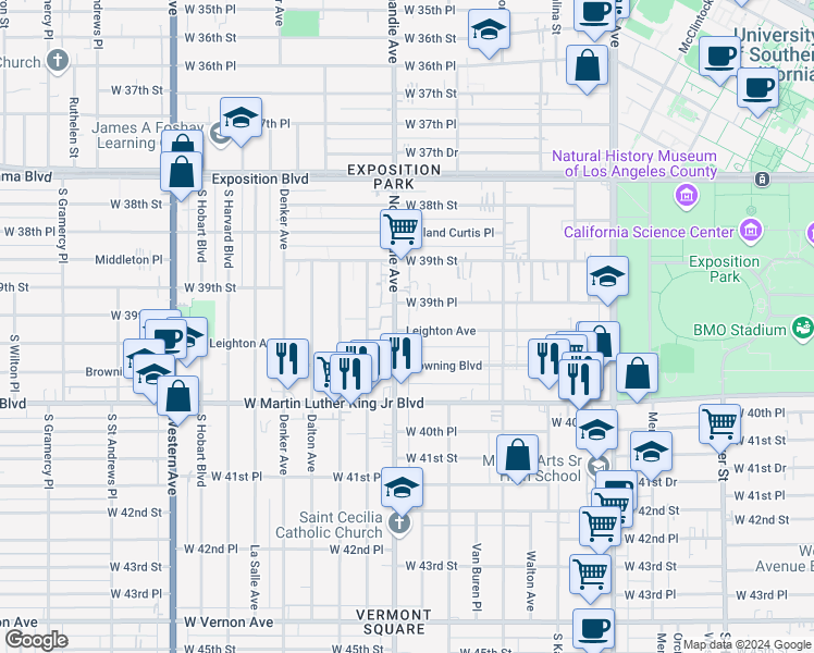 map of restaurants, bars, coffee shops, grocery stores, and more near 1281 Leighton Avenue in Los Angeles