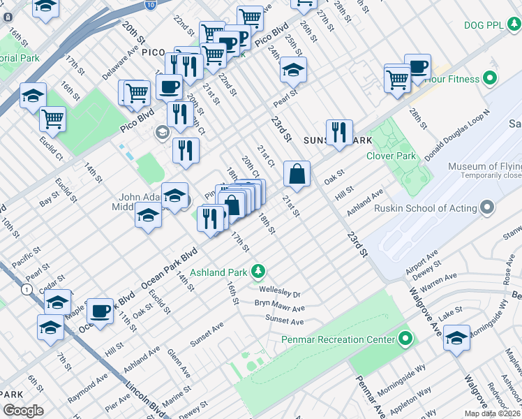 map of restaurants, bars, coffee shops, grocery stores, and more near 2516 18th Court in Santa Monica