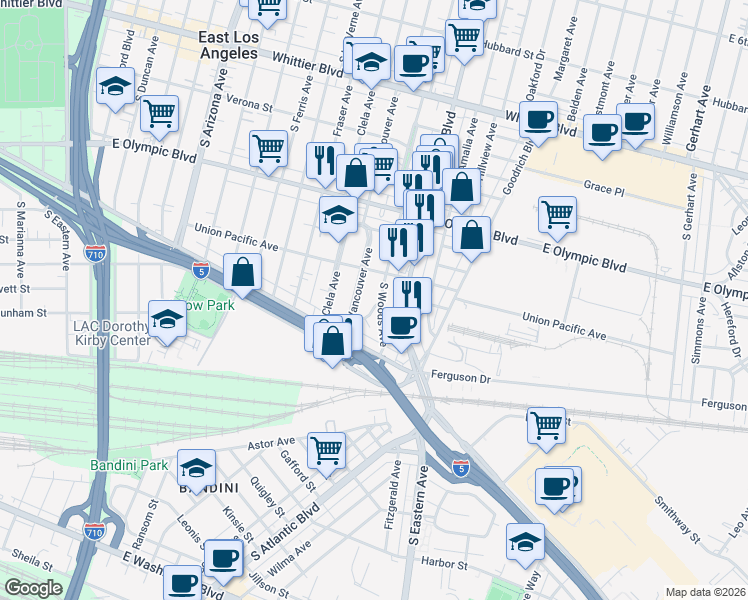 map of restaurants, bars, coffee shops, grocery stores, and more near 1335 South Woods Place in East Los Angeles