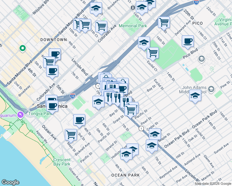 map of restaurants, bars, coffee shops, grocery stores, and more near 1850 9th Street in Santa Monica