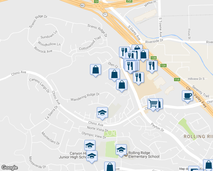 map of restaurants, bars, coffee shops, grocery stores, and more near 2649 Vista Monte Circle in Chino Hills