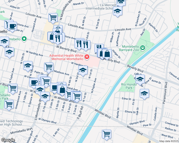 map of restaurants, bars, coffee shops, grocery stores, and more near 329 North 1st Street in Montebello