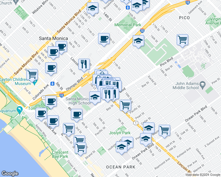 map of restaurants, bars, coffee shops, grocery stores, and more near 1820 9th Street in Santa Monica