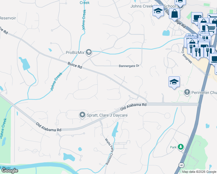 map of restaurants, bars, coffee shops, grocery stores, and more near 5265 Buice Road in Alpharetta